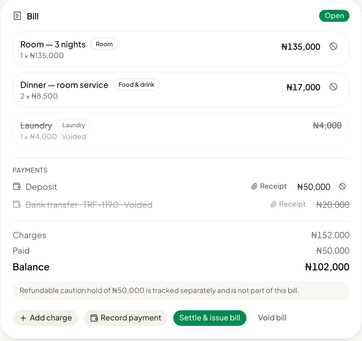 An open guest bill: room, room service, a voided laundry charge, a deposit and the balance