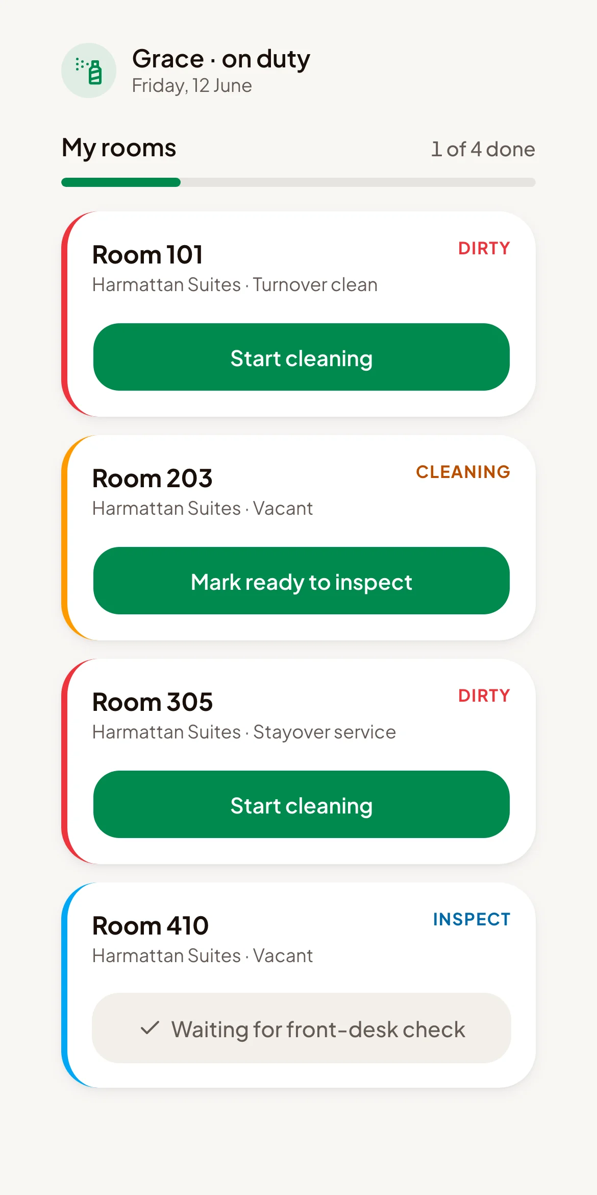 The cleaner's page: Grace's rooms with Start cleaning and Mark ready to inspect buttons